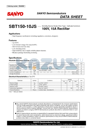 SBT150-10JS datasheet - Schottky Barrier Diode (Twin Type g Cathode Common) 100V, 15A Rectifier