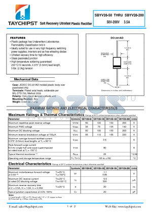 SBYV28-200 datasheet - Soft Recovery Ultrafast Plastic Rectifier