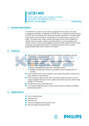 UCB1400 datasheet - Audio codec with touch screen controller and power management monitor