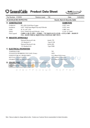 E1000S datasheet - 2C 22 SOLID BC SR-PVC PVC Sound, Alarm & Security Cable