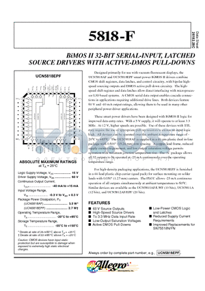 UCN5818AF datasheet - BiMOS II 32-BIT SERIAL-INPUT, LATCHED SOURCE DRIVERS WITH ACTIVE-DMOS PULL-DOWNS