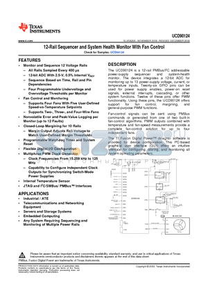 UCD90124RGCT datasheet - 12-Rail Sequencer and System Health Monitor With Fan Control