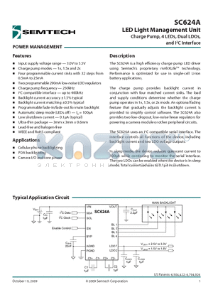 SC624AULTRT datasheet - LED Light Management Unit Charge Pump, 4 LEDs, Dual LDOs,and I2C Interface