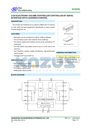 SC9260S datasheet - 2CH ELECTRONIC VOLUME CONTROLLER CONTROLLED BY SERIAL INTERFACE WITH LOUDNESS CONTROL