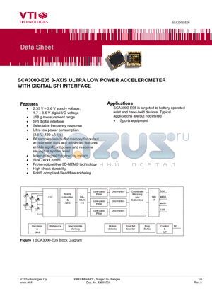 SCA3000-E05 datasheet - 3-AXIS ULTRA LOW POWER ACCELEROMETER WITH DIGITAL SPI INTERFACE