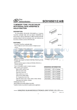 SC91650A datasheet - 13 MEMORY TONE / PULSE DIALER WITH REDIAL SAVE HANDFREE & HOLD FUNCTION