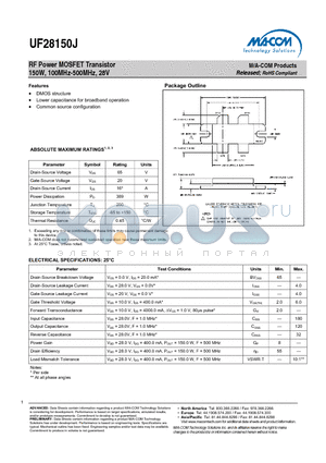 UF28150J datasheet - RF Power MOSFET Transistor 150W, 100MHz-500MHz, 28V