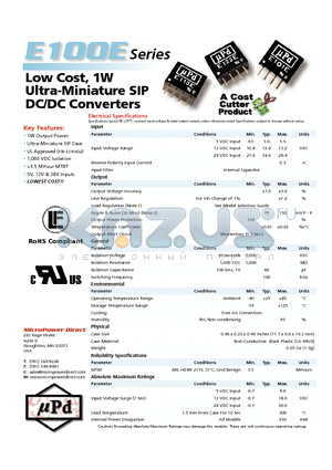 E123E datasheet - Low Cost, 1W Ultra-Miniature SIP DC/DC Converters
