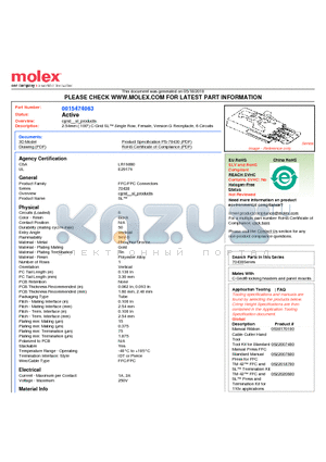 70430-0320 datasheet - 2.54mm (.100) C-Grid SL Single Row, Female, Version G Receptacle, 6 Circuits