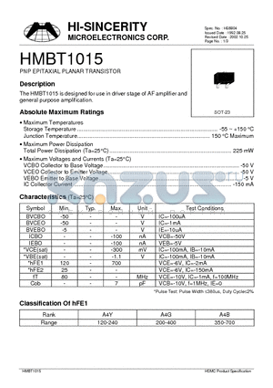HMBT1015 datasheet - PNP EPITAXIAL PLANAR TRANSISTOR