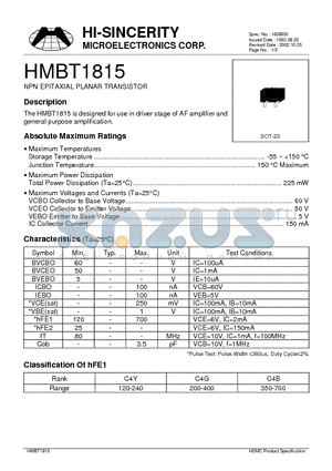 HMBT1815 datasheet - NPN EPITAXIAL PLANAR TRANSISTOR