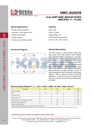 HMC-AUH318 datasheet - GaAs HEMT MMIC MEDIUM POWER AMPLIFIER, 71 - 76 GHz