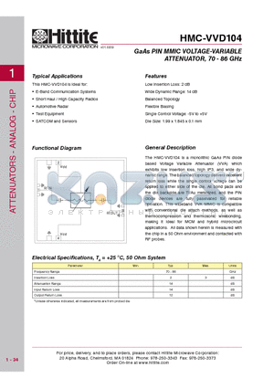 HMC-VVD104_09 datasheet - GaAs PIN MMIC VOLTAGE-VARIABLE ATTENUATOR, 70 - 86 GHz