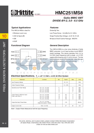 HMC251MS8_01 datasheet - GaAs MMIC SMT DIVIDE-BY-2, 3.0 - 6.5 GHz