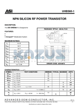 UHBS60-1 datasheet - NPN SILICON RF POWER TRANSISTOR
