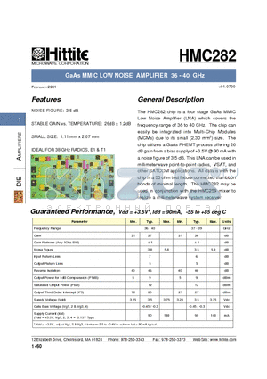 HMC282 datasheet - GaAs MMIC LOW NOISE AMPLIFIER 36 - 40 GHz