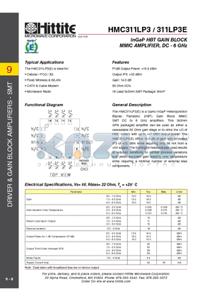 HMC311LP3E datasheet - InGaP HBT GAIN BLOCK MMIC AMPLIFIER, DC - 6 GHz