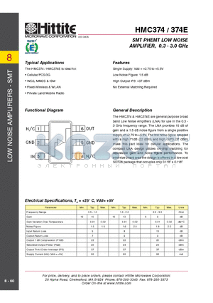 HMC374 datasheet - SMT PHEMT LOW NOISE AMPLIFIER, 0.3 - 3.0 GHz