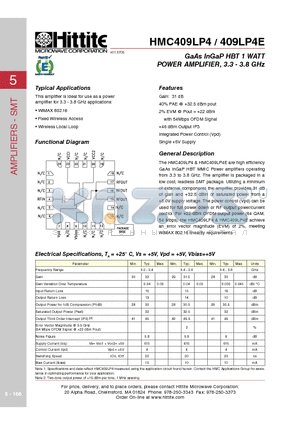 HMC409LP4E datasheet - GaAs InGaP HBT 1 WATT POWER AMPLIFIER, 3.3 - 3.8 GHz