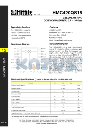 HMC420QS16 datasheet - CELLULAR RFIC DOWNCONVERTER, 0.7 - 1.0 GHz