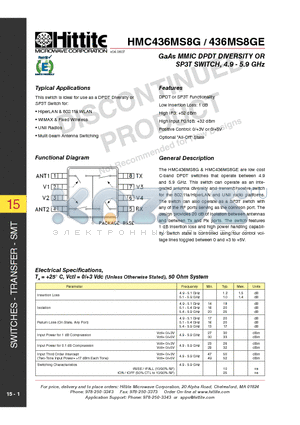 HMC436MS8G_10 datasheet - GaAs MMIC DPDT DIVERSITY OR SP3T SWITCH, 4.9 - 5.9 GHz