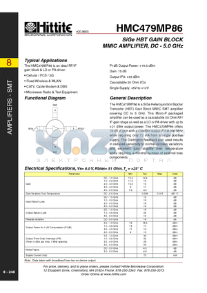 HMC479MP86 datasheet - SiGe HBT GAIN BLOCK MMIC AMPLIFIER, DC - 5.0 GHz