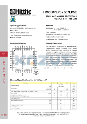 HMC507LP5 datasheet - MMIC VCO w/ HALF FREQUENCY OUTPUT 6.65 - 7.65 GHz