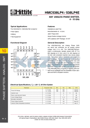 HMC538LP4E datasheet - 600` ANALOG PHASE SHIFTER, 6 - 15 GHz