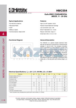 HMC554 datasheet - GaAs MMIC FUNDAMENTAL MIXER, 11 - 20 GHz