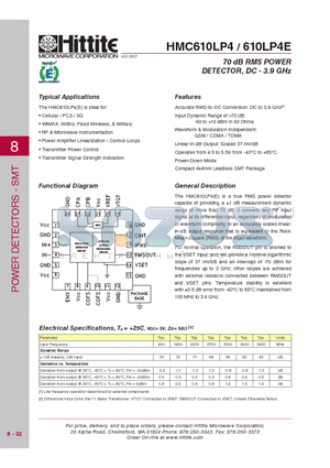 HMC610LP4 datasheet - 70 dB RMS POWER DETECTOR, DC - 3.9 GHz