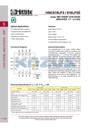 HMC618LP3 datasheet - GaAs SMT PHEMT LOW NOISE AMPLIFIER, 1.7 - 2.2 GHz