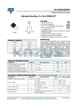 70CRU02PBF datasheet - Ultrafast Rectifier, 2 x 35 A FRED Pt
