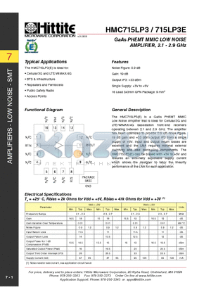 HMC715LP3 datasheet - GaAs PHEMT MMIC LOW NOISE AMPLIFIER, 2.1 - 2.9 GHz