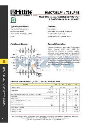 HMC738LP4E datasheet - MMIC VCO w/ HALF FREQUENCY OUTPUT & DIVIDE-BY-16, 20.9 - 23.9 GHz