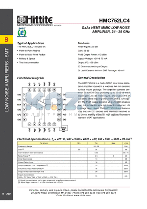 HMC752LC4 datasheet - GaAs HEMT MMIC LOW NOISE AMPLIFIER, 24 - 28 GHz