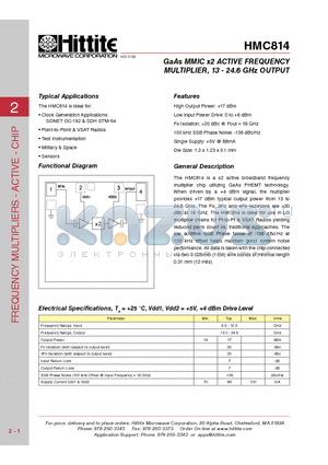 HMC814 datasheet - GaAs MMIC x2 ACTIVE FREQUENCY MULTIPLIER, 13 - 24.6 GHz OUTPUT