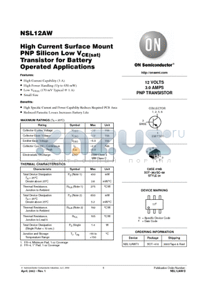 NSL12AWT1 datasheet - High Current Surface Mount PNP Silicon Low VCE(sat) Transistor for Battery Operated Applications