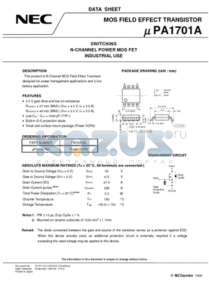 UPA1701A datasheet - SWITCHING N-CHANNEL POWER MOS FET INDUSTRIAL USE