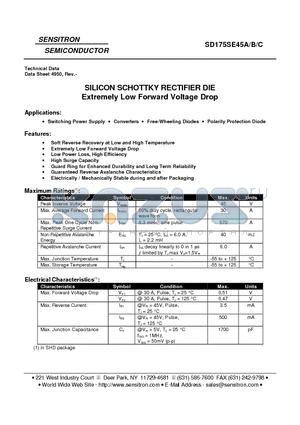 SD175SE45B datasheet - SILICON SCHOTTKY RECTIFIER DIE Extremely Low Forward Voltage Drop