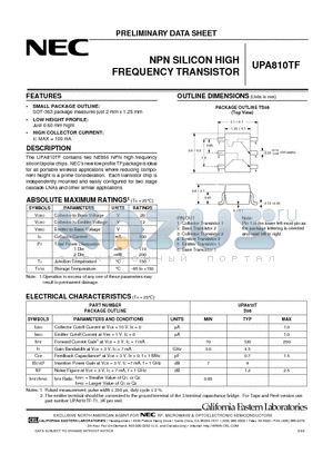 UPA810TF datasheet - NPN SILICON HIGH FREQUENCY TRANSISTOR