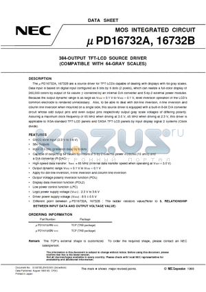 UPD16732BN datasheet - 384-OUTPUT TFT-LCD SOURCE DRIVER COMPATIBLE WITH 64-GRAY SCALES