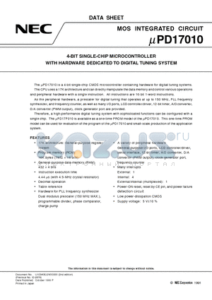 UPD17010 datasheet - 4-BIT SINGLE-CHIP MICROCONTROLLER WITH HARDWARE DEDICATED TO DIGITAL TUNING SYSTEM