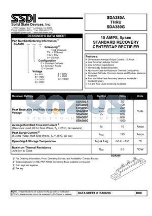 SDA380G datasheet - STANDARD RECOVERY CENTERTAP RECTIFIER