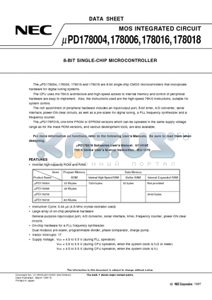 UPD178004 datasheet - 8-BIT SINGLE-CHIP MICROCONTROLLER