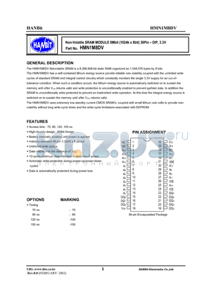 HMN1M8DV-120I datasheet - Non-Volatile SRAM MODULE 8Mbit (1024k x 8bit) 36Pin-DIP, 3.3V