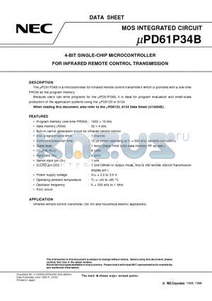 UPD61P34BGS datasheet - 4-BIT SINGLE-CHIP MICROCONTROLLER FOR INFRARED REMOTE CONTROL TRANSMISSION