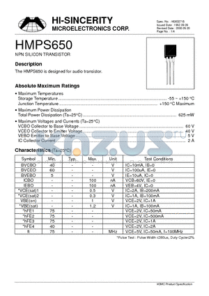 HMPS650 datasheet - NPN SILICON TRANSISTOR