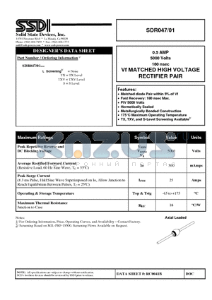 SDR047-01 datasheet - Vf MATCHED HIGH VOLTAGE RECTIFIER PAIR