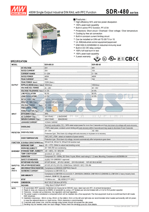 SDR-480 datasheet - 480W Single Output Industrial DIN RAIL with PFC Function