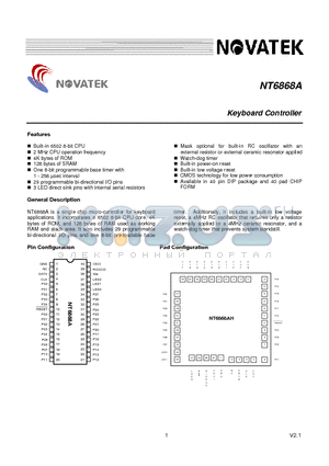 NT6868A-10100 datasheet - Keyboard Controller